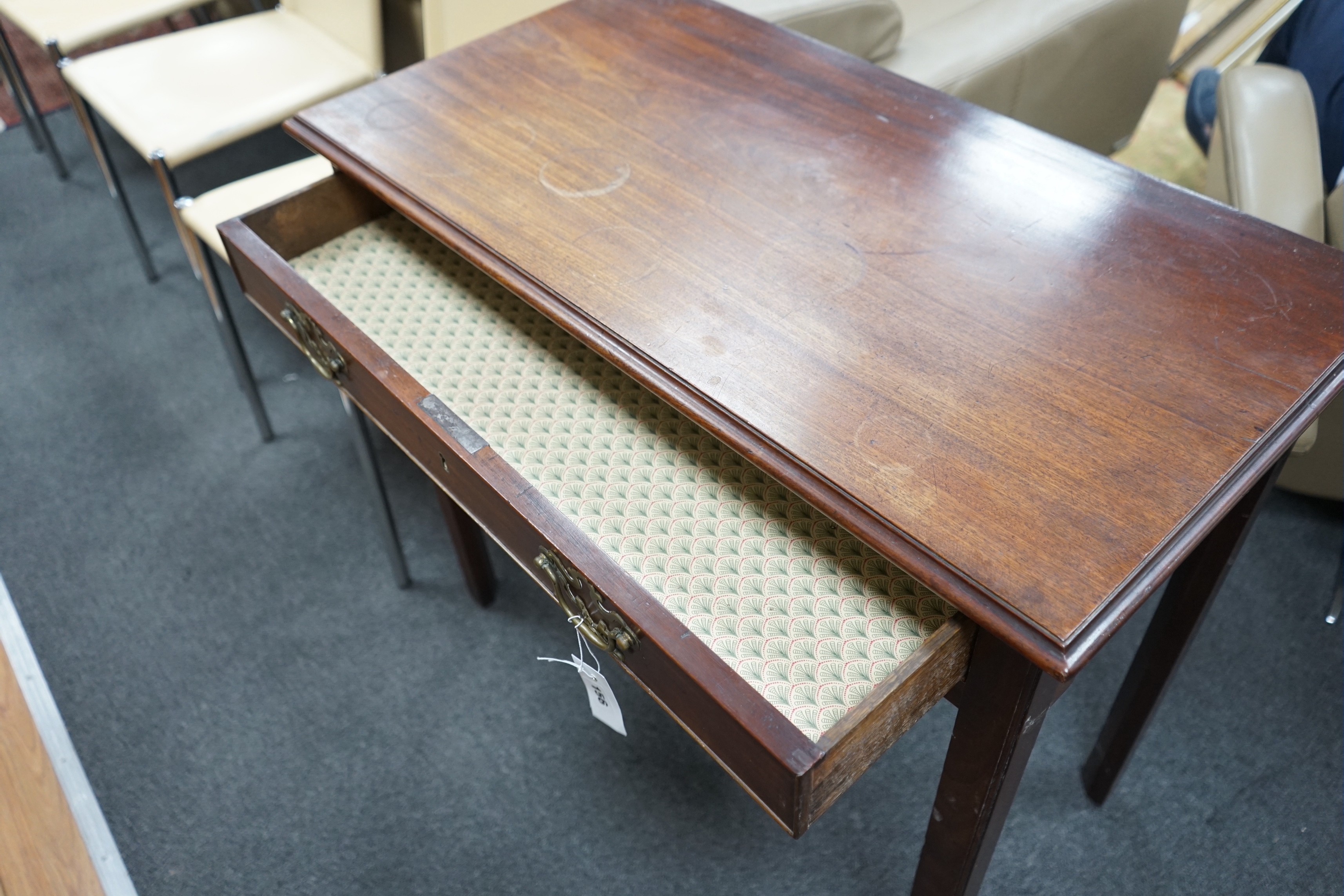 A George III mahogany single drawer side table, width 86cm, depth 45cm, height 76cm